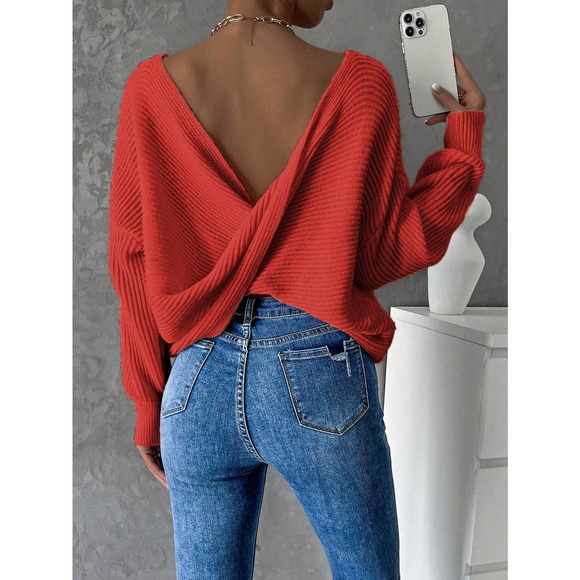 Backless open back Twist Back Drop Shoulder cozy knit Sweater - Picture 7 of 11
